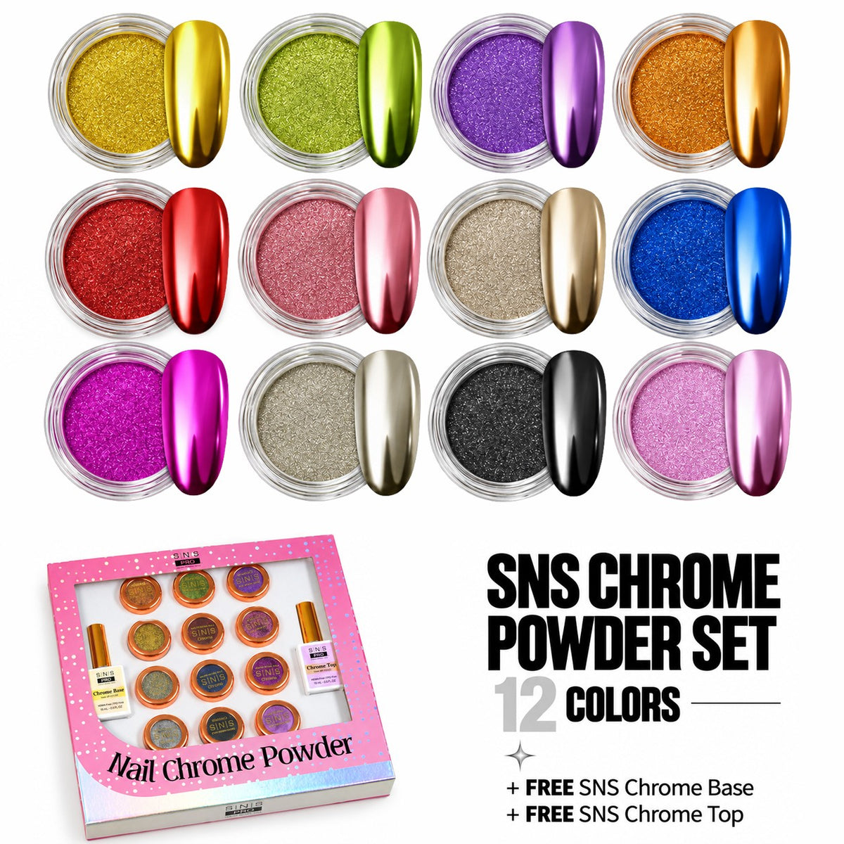 SNS Chrome Powder - Set 12 Colors with SNS Chrome Base & Chrome Top - DTK Nail Supply