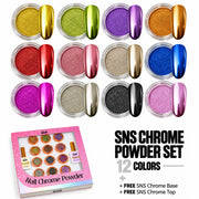 SNS Chrome Powder - Set 12 Colors with SNS Chrome Base & Chrome Top - DTK Nail Supply