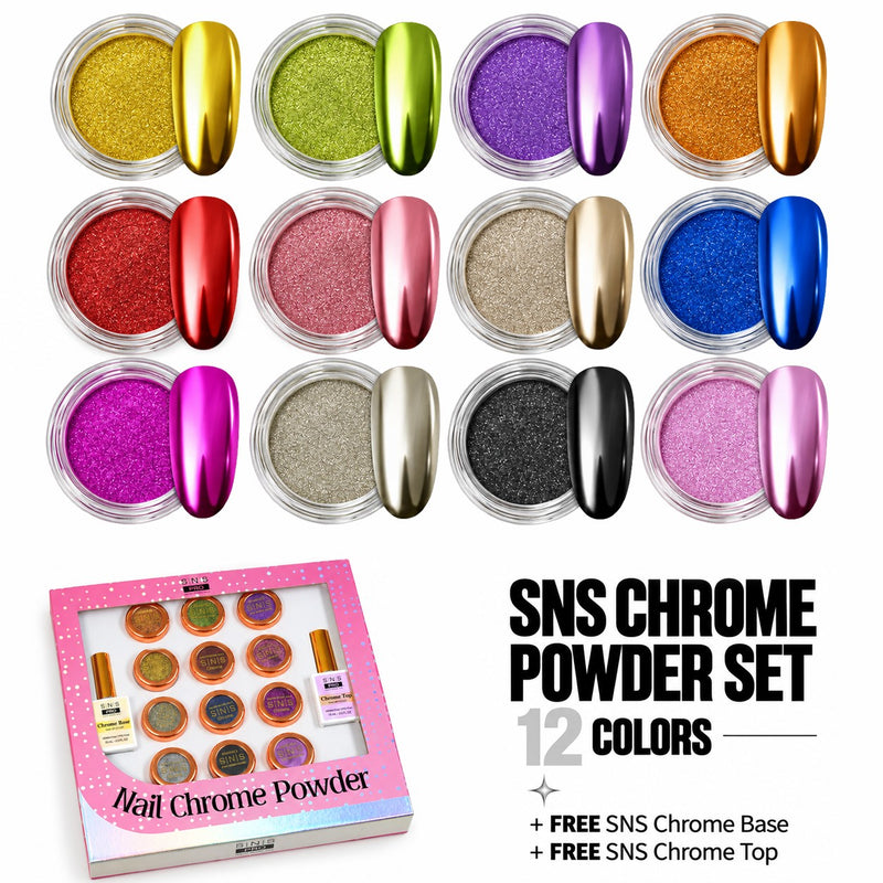 SNS Chrome Powder - Set 12 Colors with SNS Chrome Base & Chrome Top - DTK Nail Supply