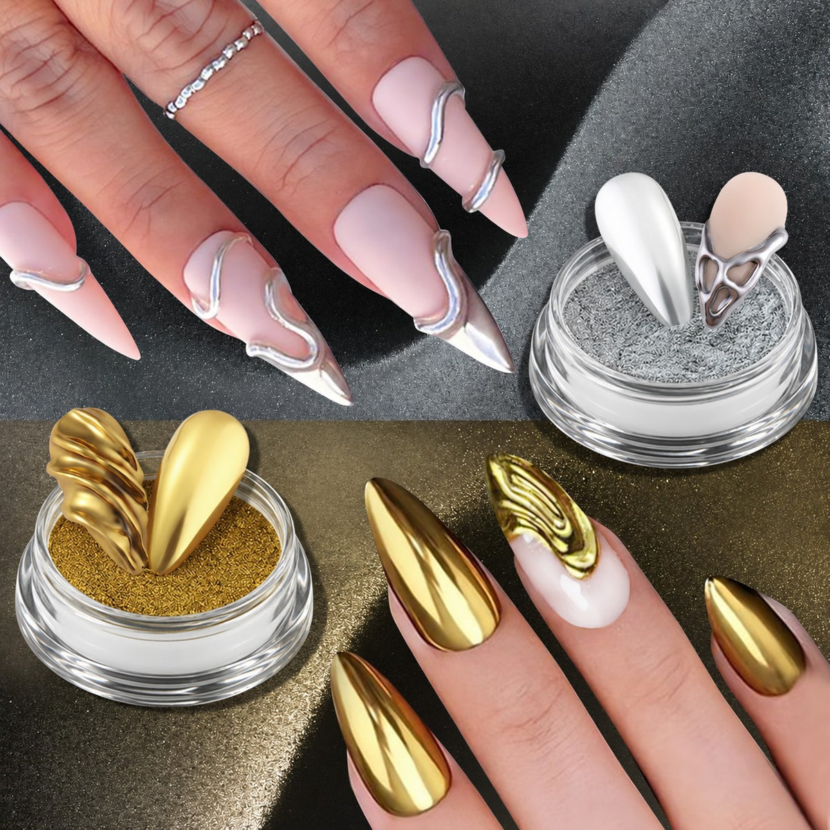 SNS Chrome Powder - Set 12 Colors with SNS Chrome Base & Chrome Top - DTK Nail Supply