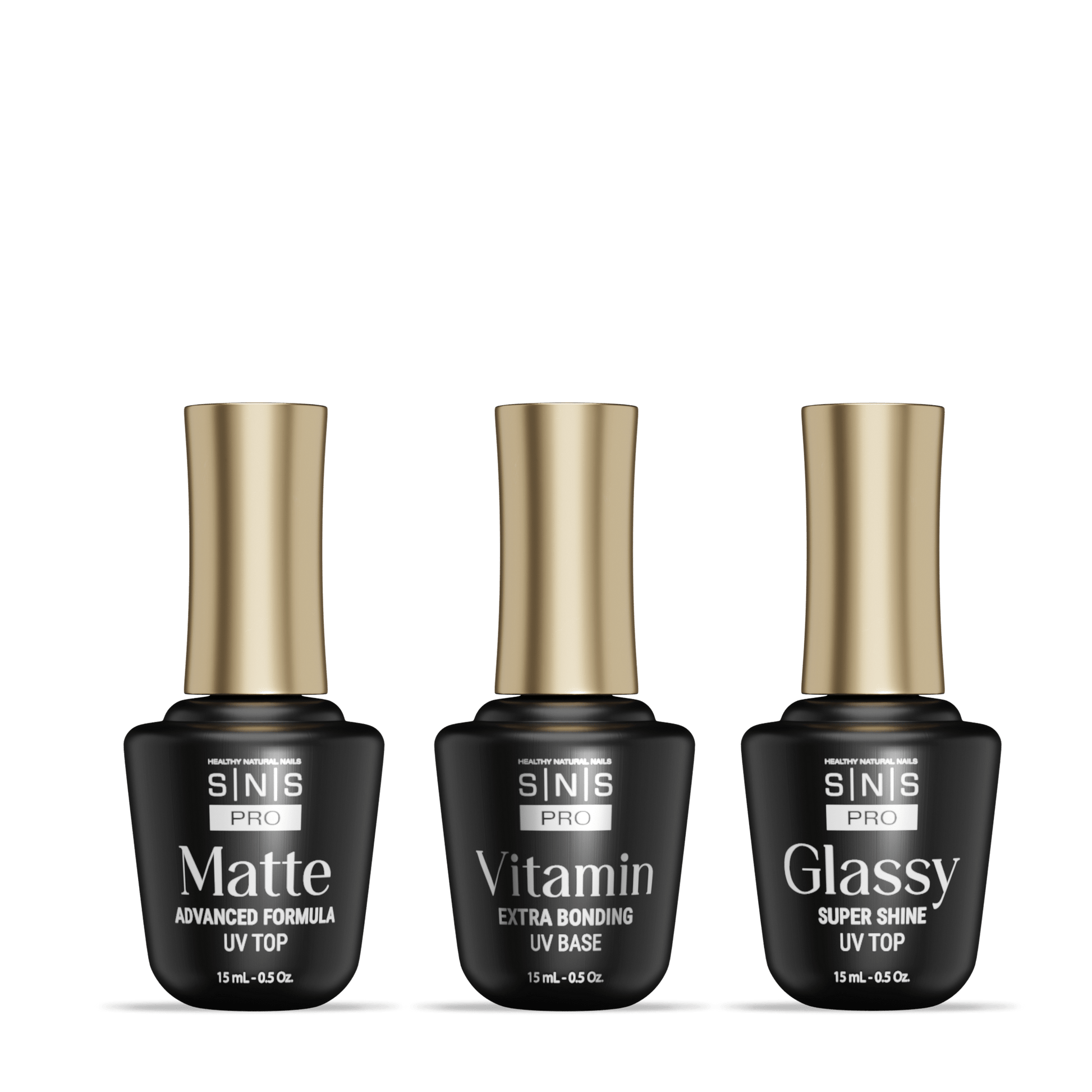 SNS Matte UV Gel Top Coat, Glassy Super Shine UV Gel Top Coat, Vitamin Extra Bonding UV Gel Base Coat 15ml - DTK Nail Supply
