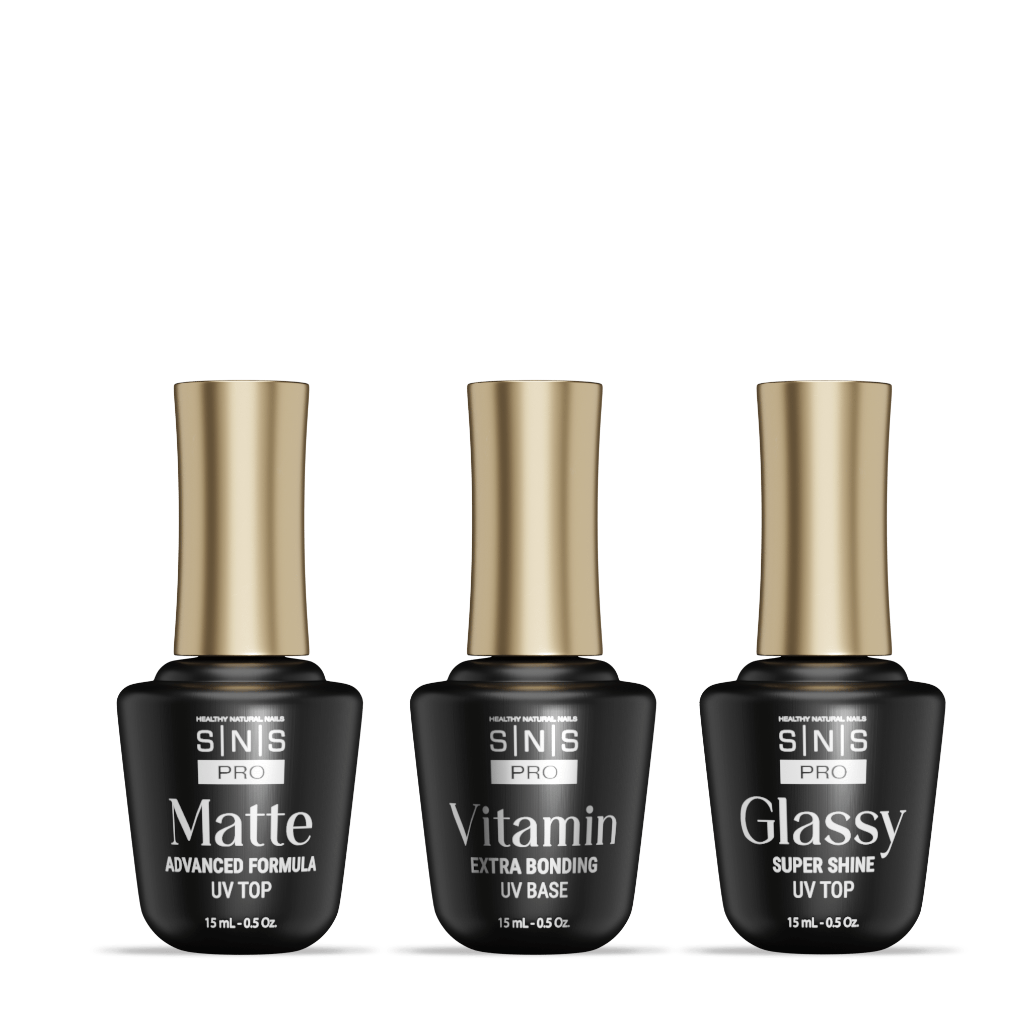 SNS Matte UV Gel Top Coat, Glassy Super Shine UV Gel Top Coat, Vitamin Extra Bonding UV Gel Base Coat 15ml - DTK Nail Supply