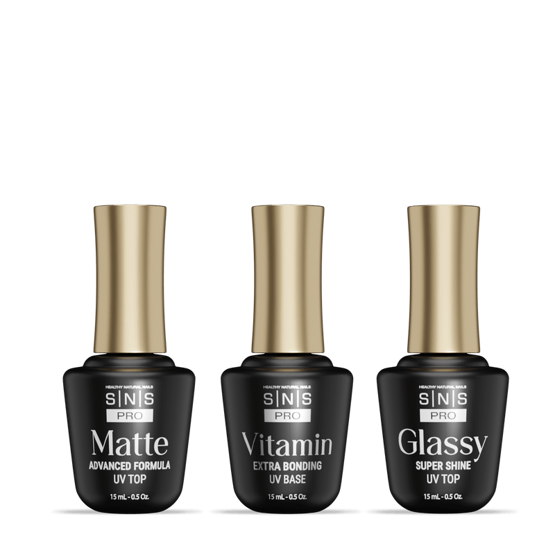 SNS Matte UV Gel Top Coat, Glassy Super Shine UV Gel Top Coat, Vitamin Extra Bonding UV Gel Base Coat 15ml - DTK Nail Supply