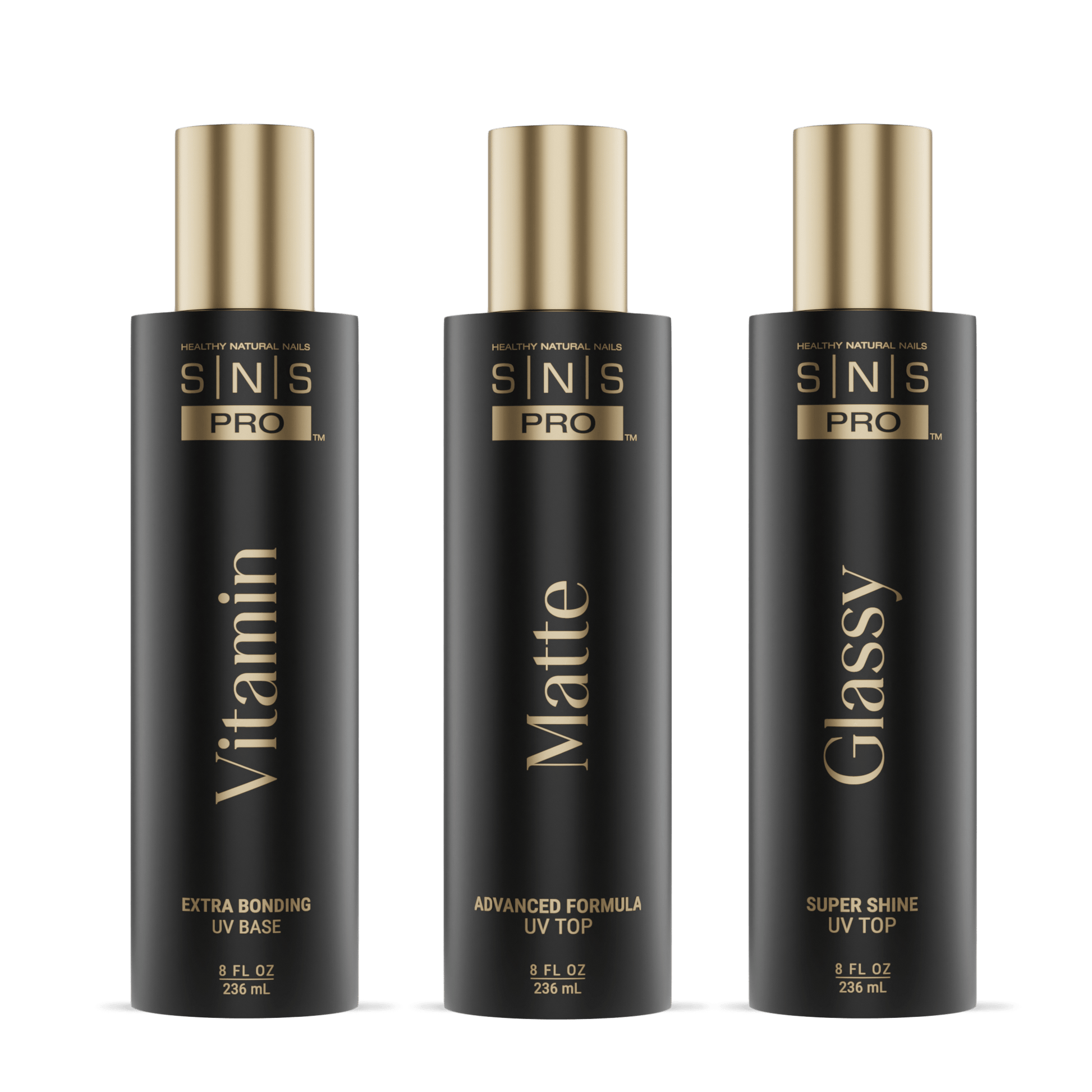 SNS Matte UV Gel Top Coat, Glassy Super Shine UV Gel Top Coat, Vitamin Extra Bonding UV Gel Base Coat 8oz - DTK Nail Supply