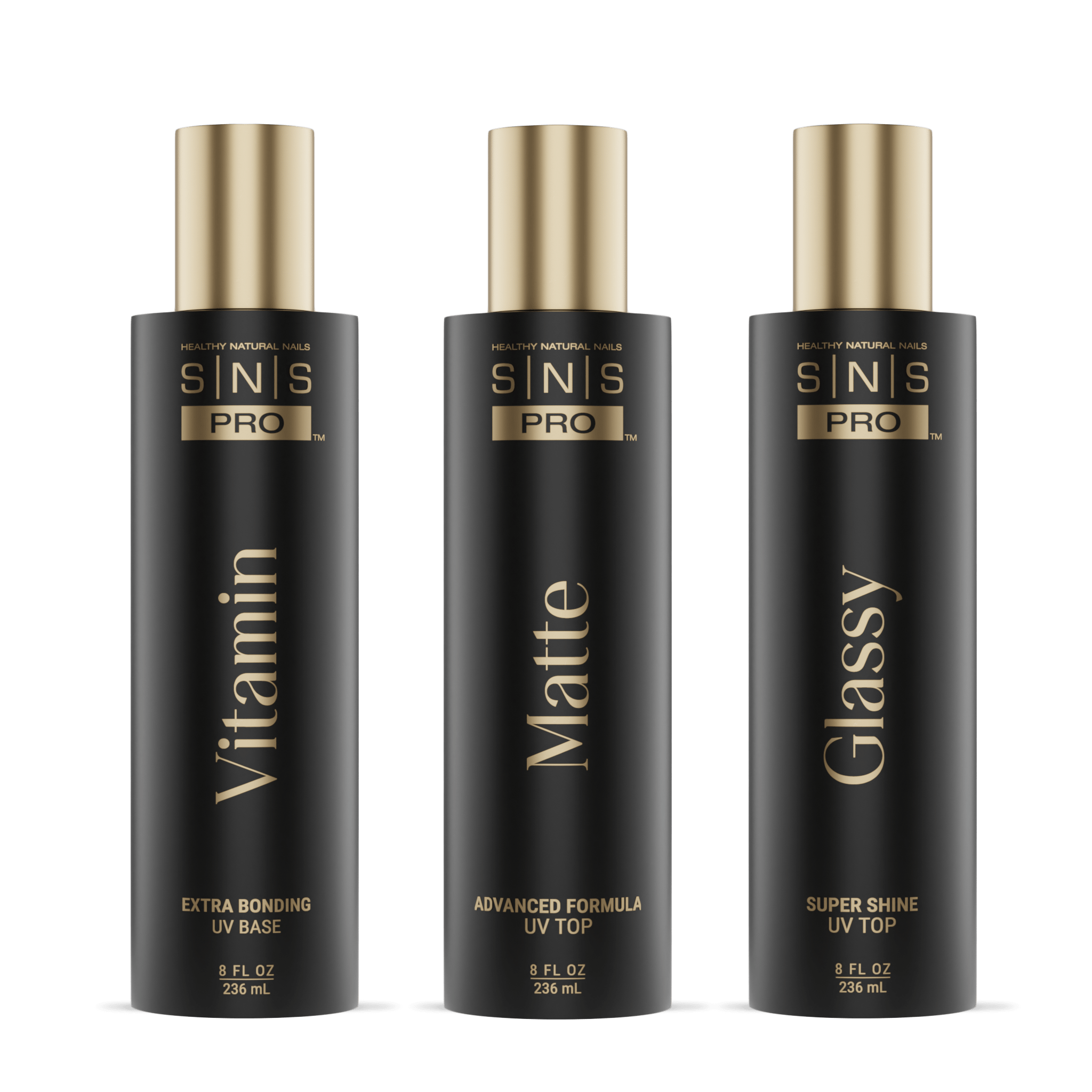 SNS Matte UV Gel Top Coat, Glassy Super Shine UV Gel Top Coat, Vitamin Extra Bonding UV Gel Base Coat 8oz - DTK Nail Supply
