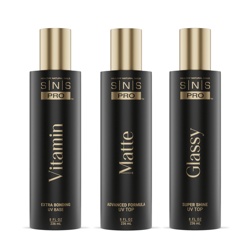 SNS Matte UV Gel Top Coat, Glassy Super Shine UV Gel Top Coat, Vitamin Extra Bonding UV Gel Base Coat 8oz - DTK Nail Supply