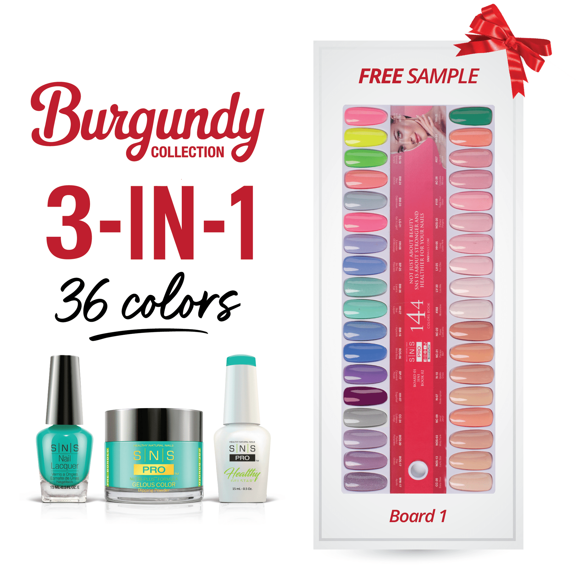 SNS Pro 3 in 1 - Board 1 Burgundy (001 - 036) - Dip, Gel & Lacquer Matching - DTK Nail Supply