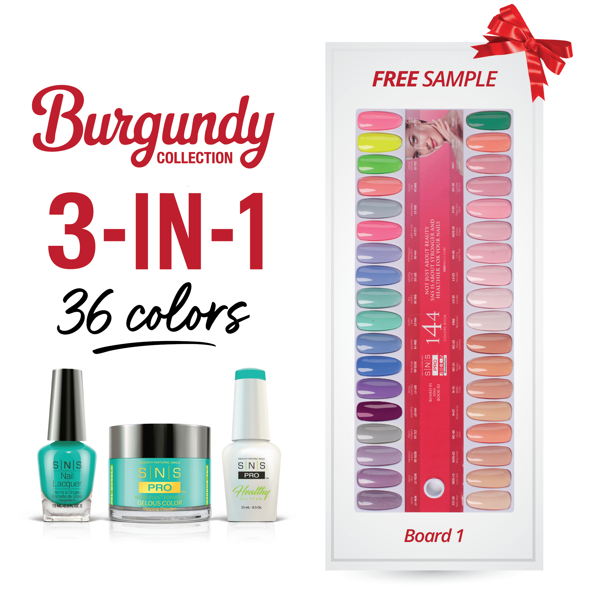 SNS Pro 3 in 1 - Board 1 Burgundy (001 - 036) - Dip, Gel & Lacquer Matching - DTK Nail Supply