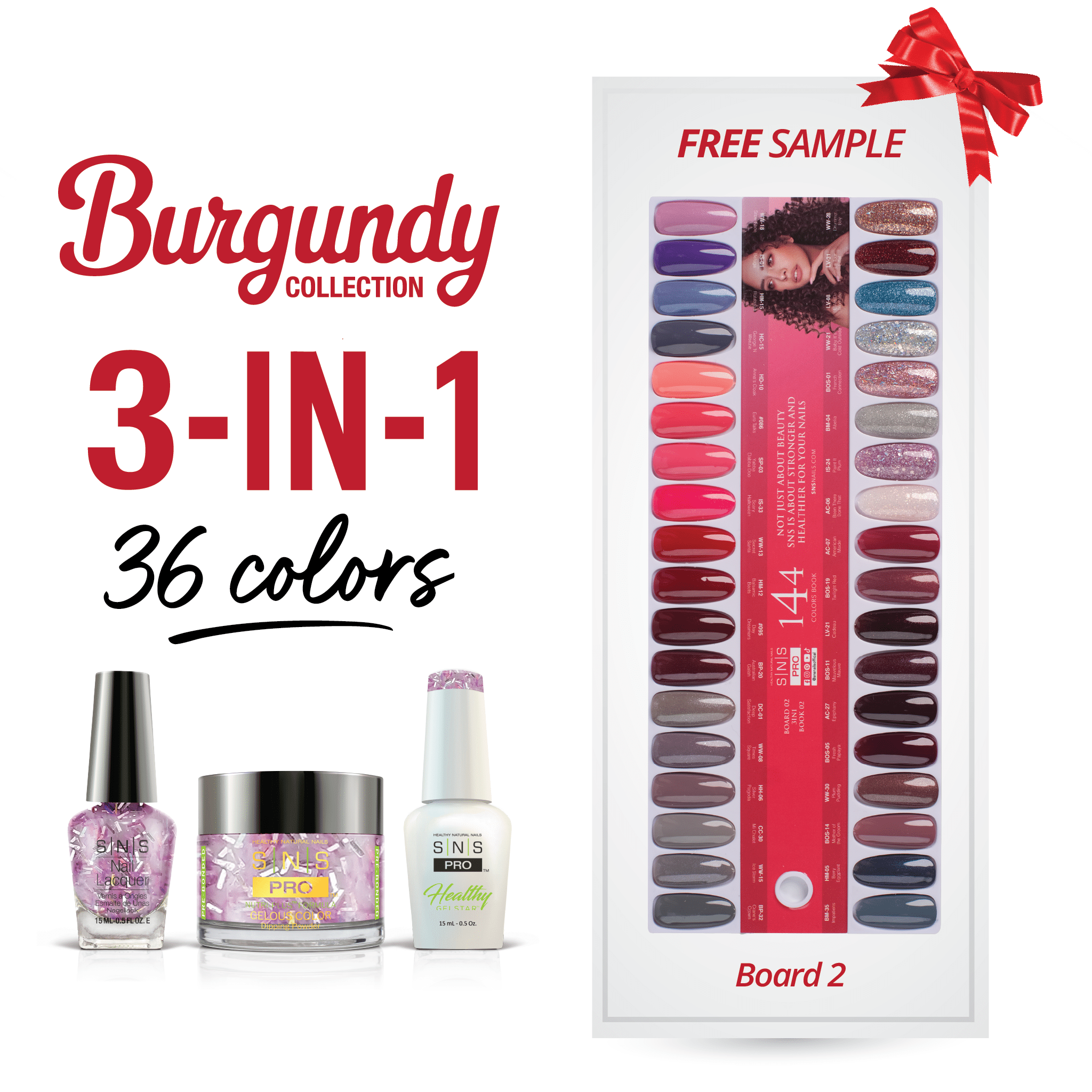 SNS Pro 3 in 1 - Board 2 Burgundy (037 - 072) - Dip, Gel & Lacquer Matching - DTK Nail Supply
