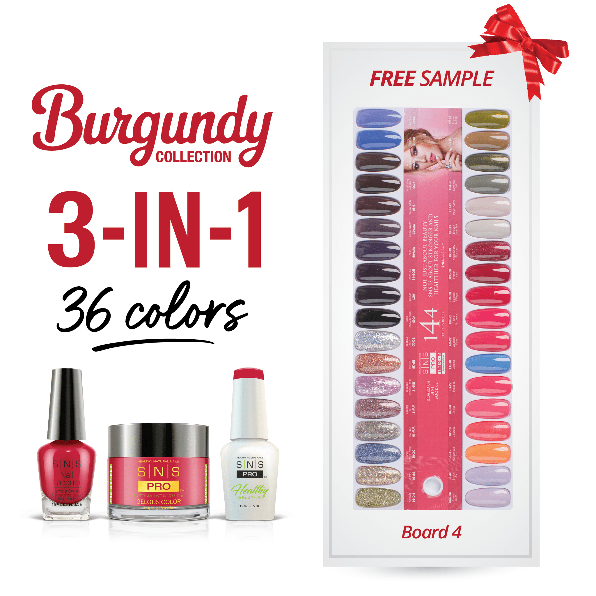 SNS Pro 3 in 1 - Board 4 Burgundy (109 - 144) - Dip, Gel & Lacquer Matching - DTK Nail Supply