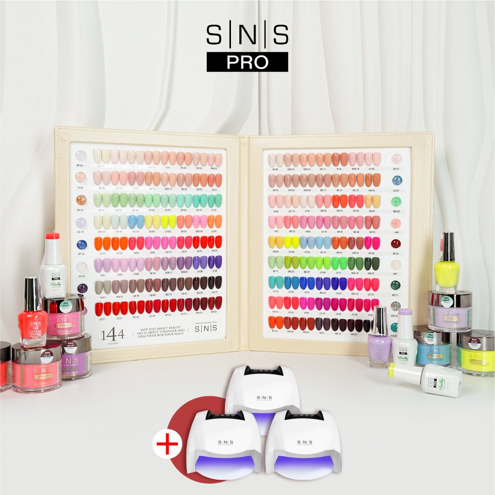 SNS Pro 3 in 1 - Set 144 Colors Beige Collection - Dip, Gel & Lacquer Matching - FREE 3 SNS Cordless UV/LED Nail Lamps 54W - DTK Nail Supply
