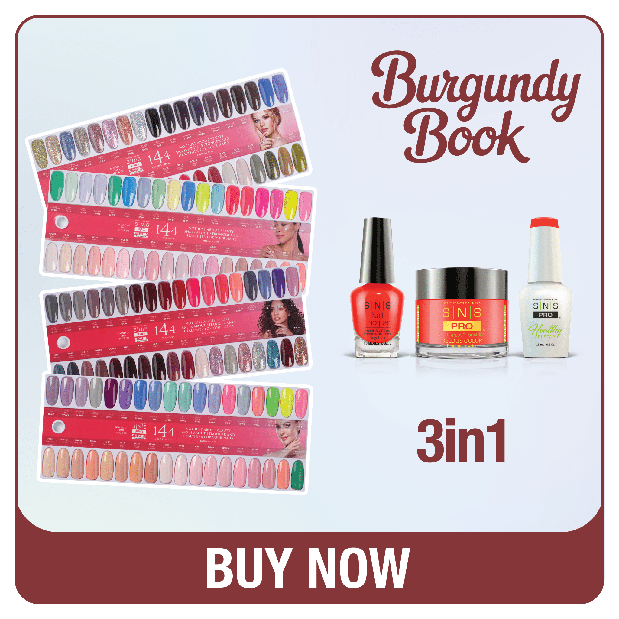 SNS Pro 3 in 1 - Set 144 Colors Burgundy Collection - Dip, Gel & Lacquer Matching - DTK Nail Supply