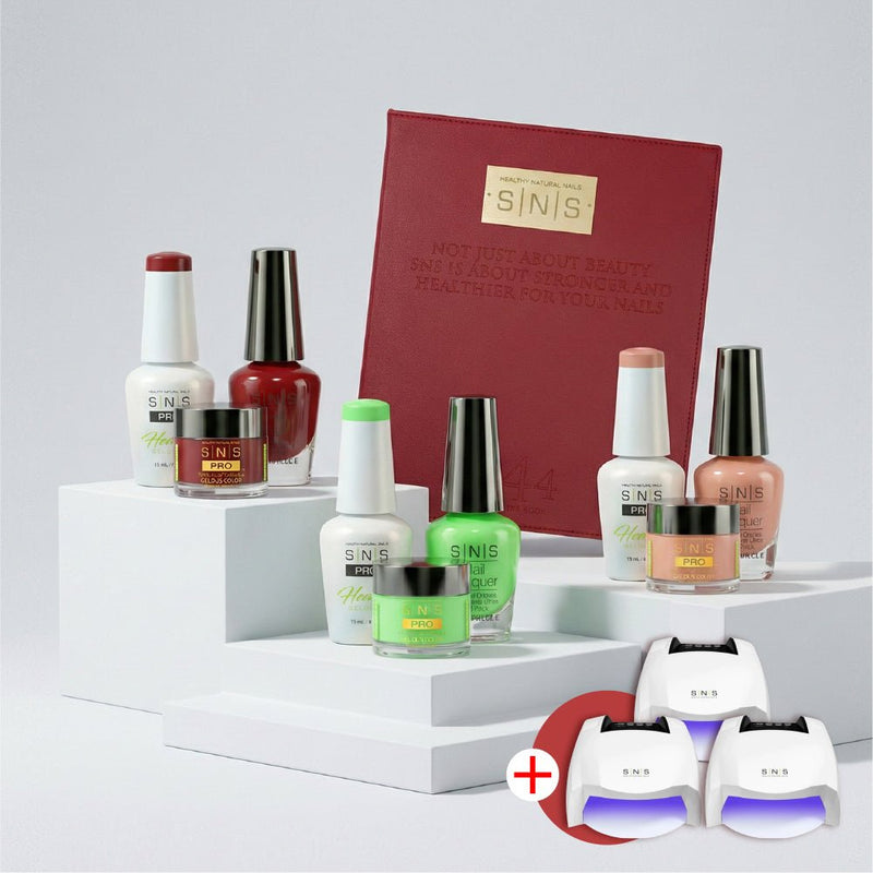 SNS Pro 3 in 1 - Set 144 Colors Burgundy Collection - Dip, Gel & Lacquer Matching - FREE 3 SNS Cordless UV/LED Nail Lamps 54W - DTK Nail Supply