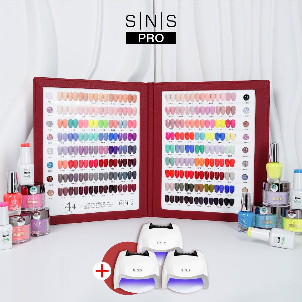 SNS Pro 3 in 1 - Set 144 Colors Burgundy Collection - Dip, Gel & Lacquer Matching - FREE 3 SNS Cordless UV/LED Nail Lamps 54W - DTK Nail Supply