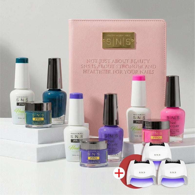 SNS Pro 4 in 1 - Set 144 Colors Pink Collection - Dip, Gel & Lacquer Matching - FREE 3 SNS Cordless UV/LED Nail Lamps 54W - DTK Nail Supply