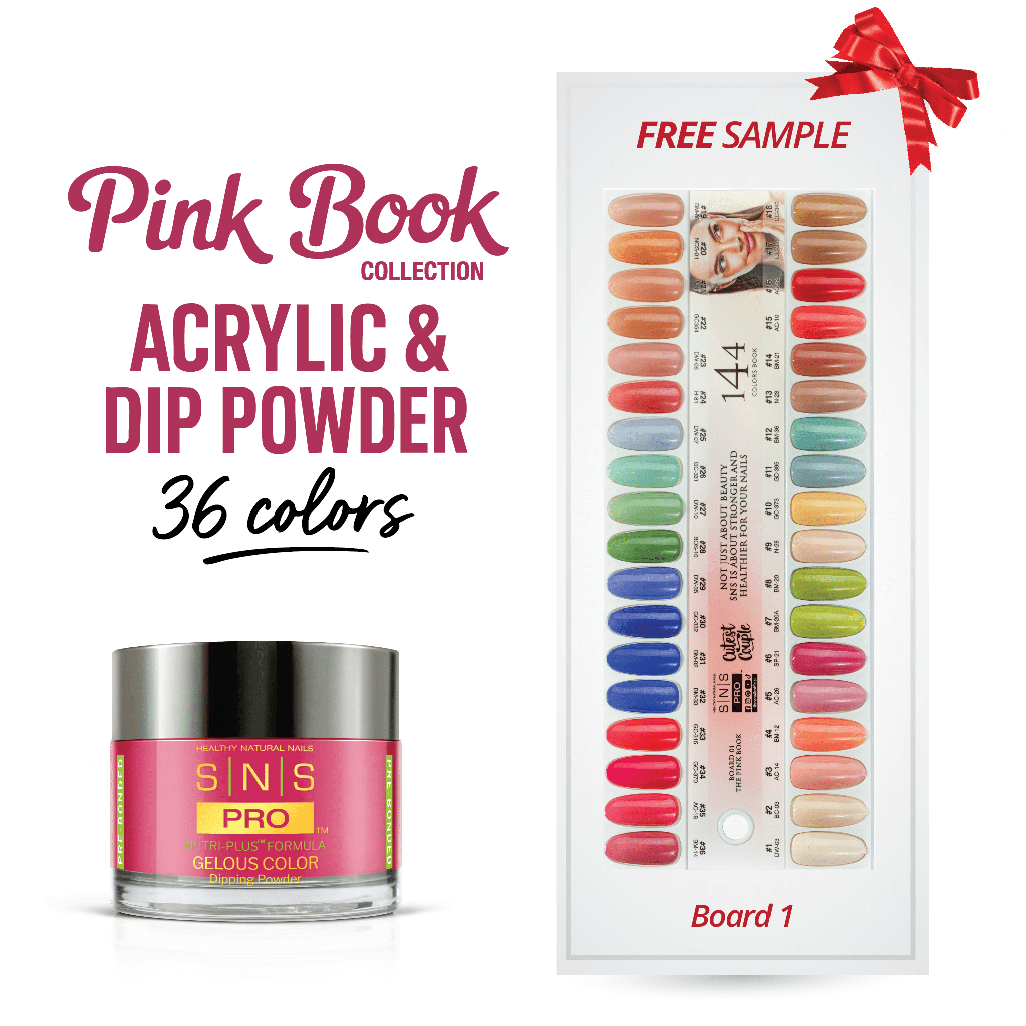 SNS Pro Dipping & Acrylic Powder - Set 36 Colors - Board 01 Pink Collection (001 - 036) - DTK Nail Supply