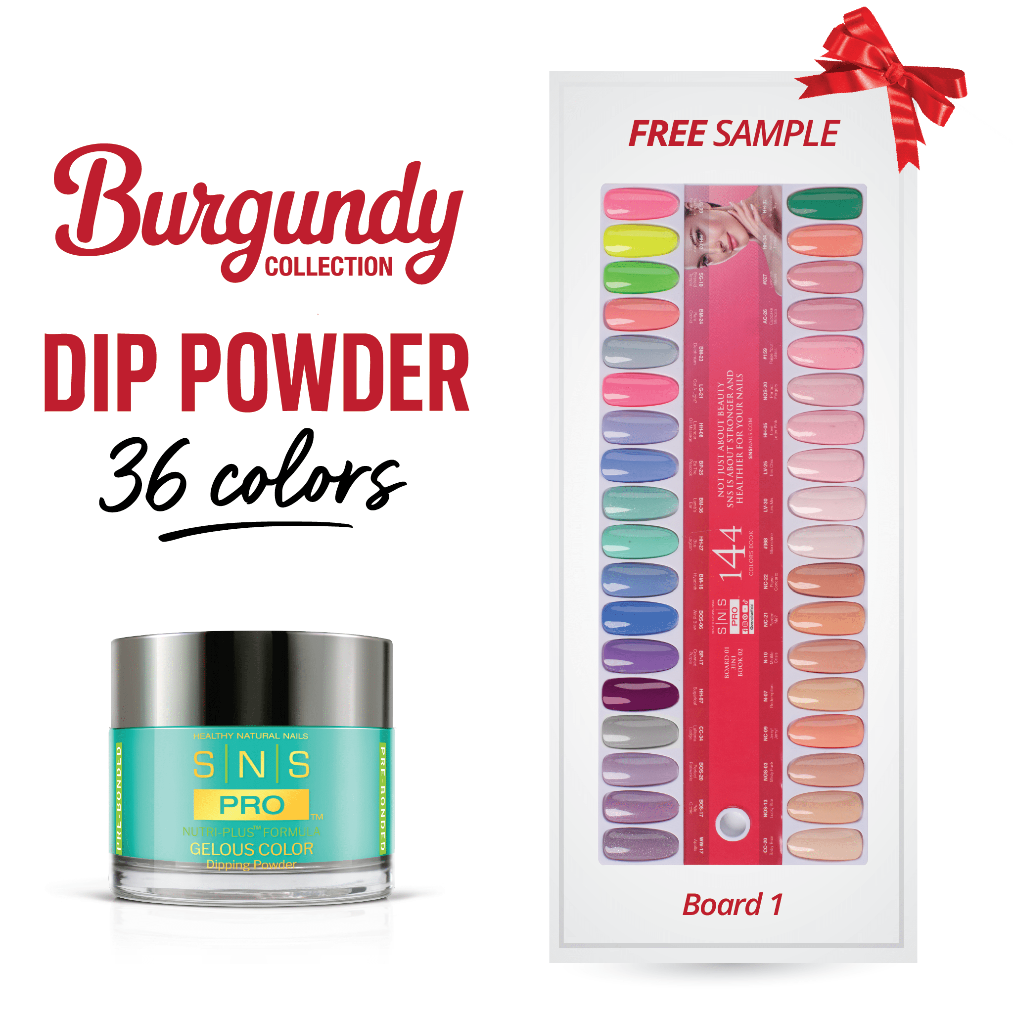SNS Pro Dipping Powder - Set 36 Colors - Board 1 Burgundy (001 - 036) - DTK Nail Supply