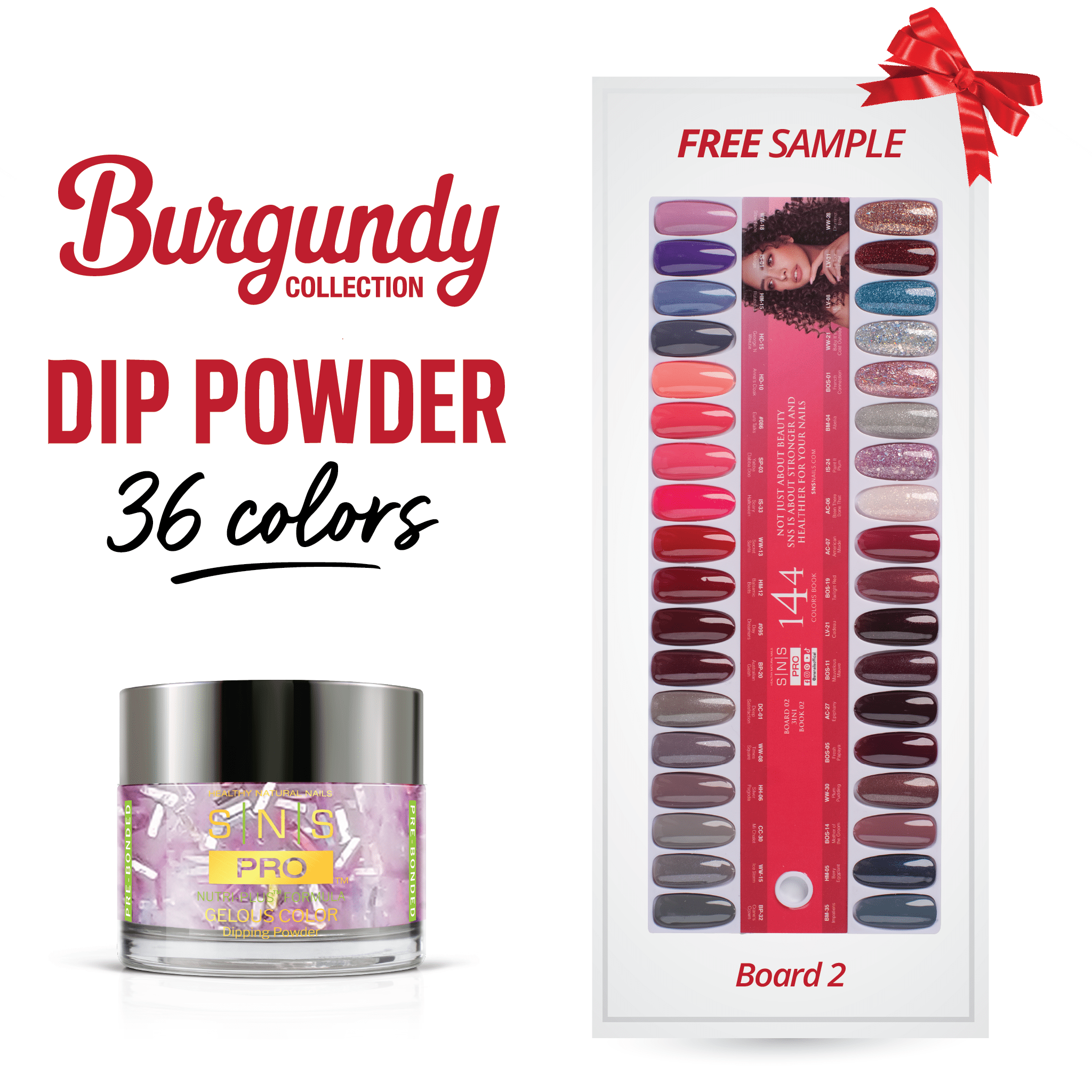SNS Pro Dipping Powder - Set 36 Colors - Board 2 Burgundy (037 - 072) - DTK Nail Supply