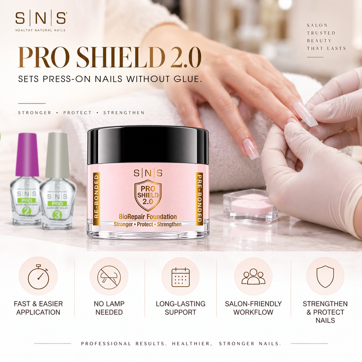 SNS Pro Shield 2.0 Combo - BioRepair Foundation, Gelous Base, Sealer Dry 0.5 oz, LAVIS Soft Gel Tips 4 Shapes - DTK Nail Supply