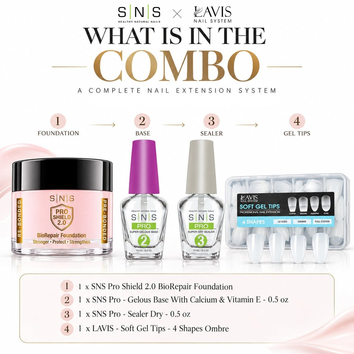 SNS Pro Shield 2.0 Combo - BioRepair Foundation, Gelous Base, Sealer Dry 0.5 oz, LAVIS Soft Gel Tips 4 Shapes - DTK Nail Supply