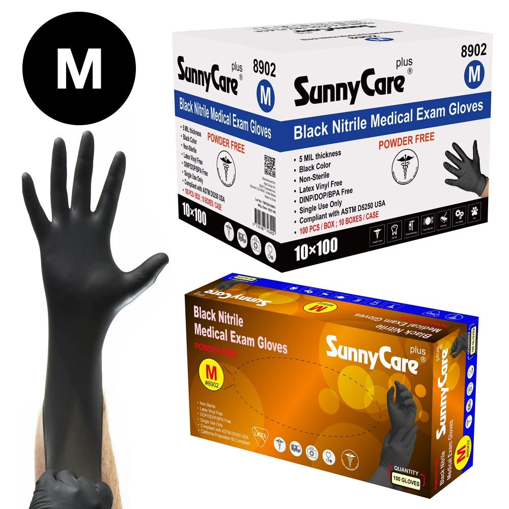Sunnycare Black Nitrile Medical Examination Gloves - Size M (Box) - DTK Nail Supply