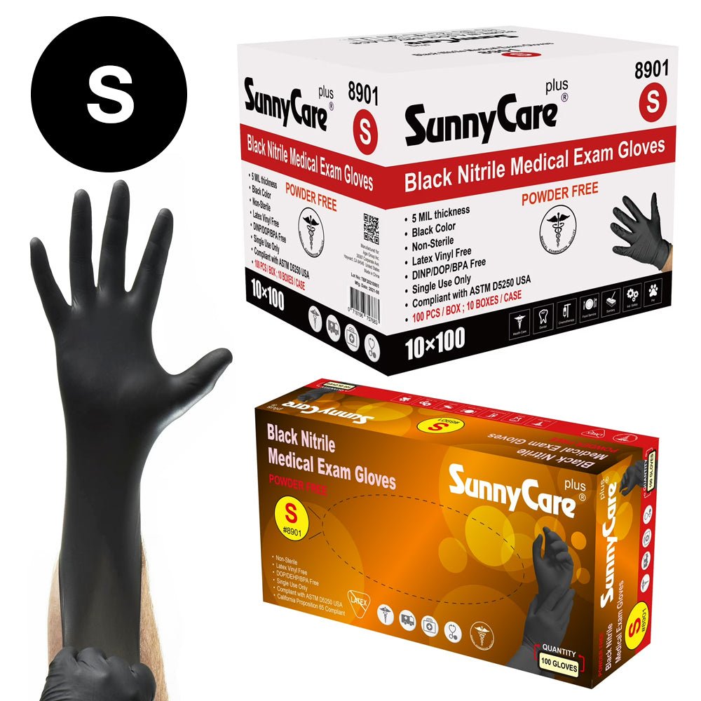 Sunnycare Black Nitrile Medical Examination Gloves - Size S (Box) - DTK Nail Supply