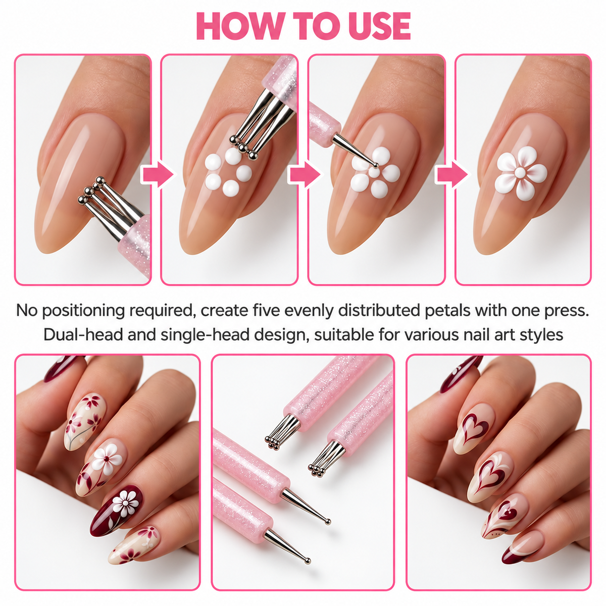 Flower Dotting Pen - Dual-Ended Nail Art Pen with Pink Glitter Handle - DTK Nail Supply