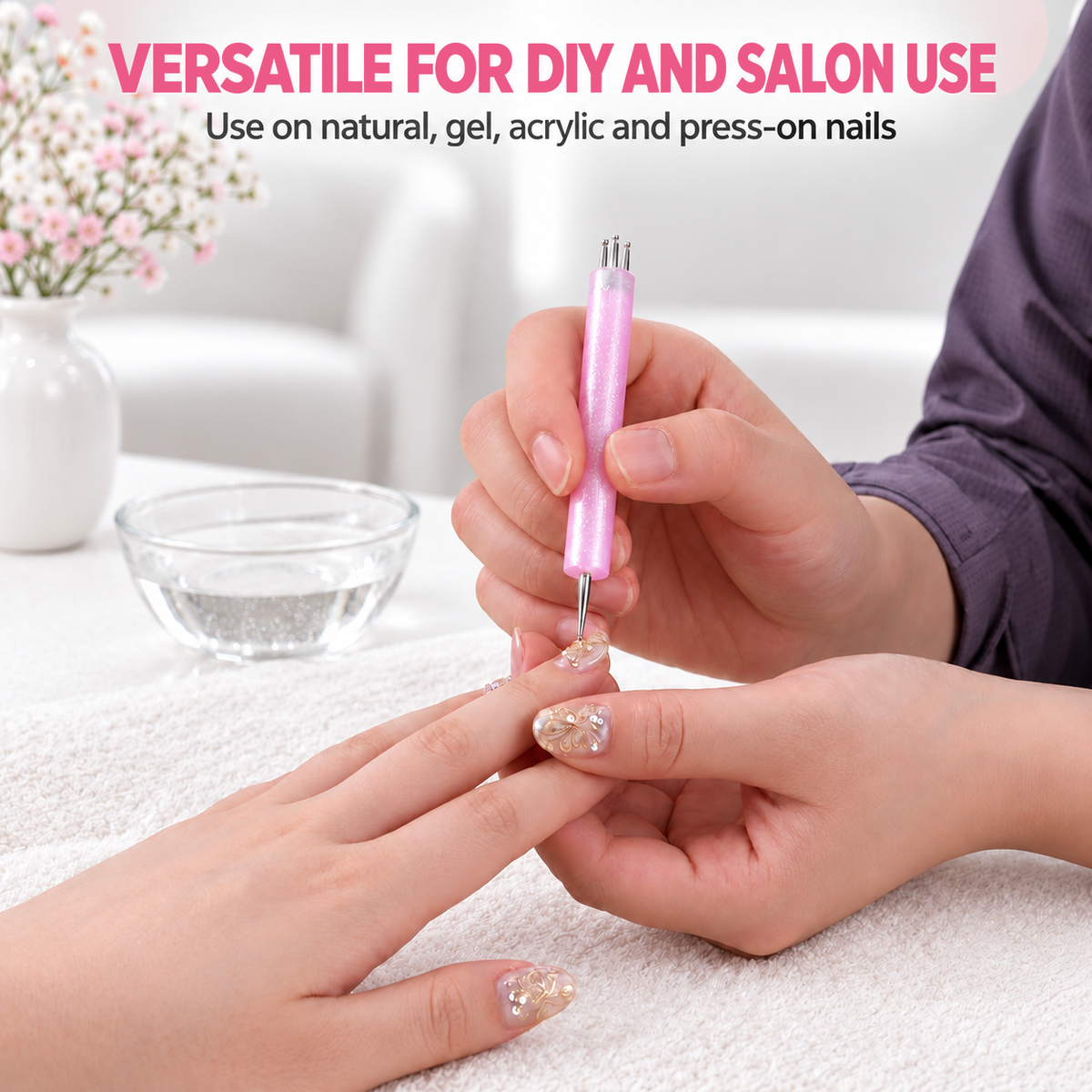 Flower Dotting Pen - Dual-Ended Nail Art Pen with Pink Glitter Handle - DTK Nail Supply