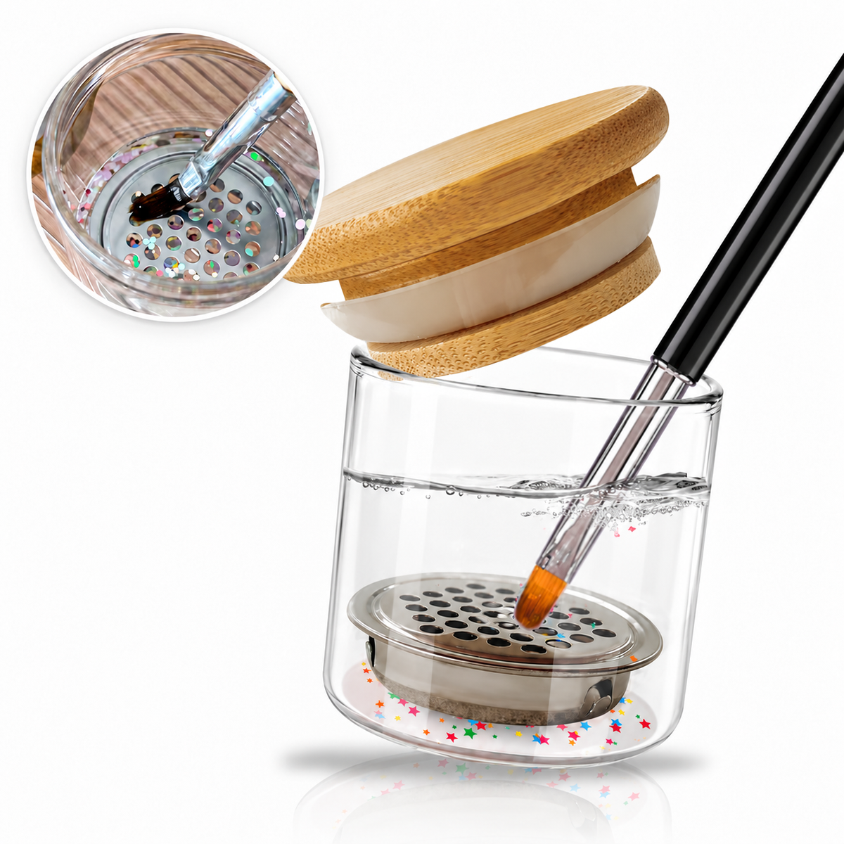 Nail Art Brush Washing Cup - Glass with Bamboo Lid and Steel Mesh - DTK Nail Supply