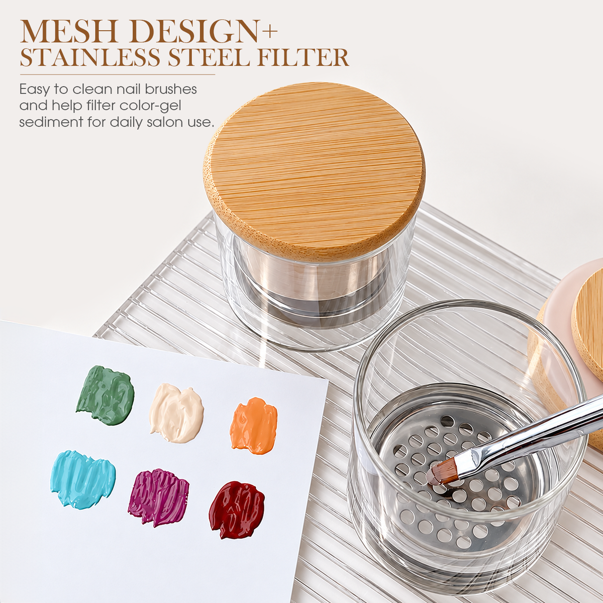 Nail Art Brush Washing Cup - Glass with Bamboo Lid and Steel Mesh - DTK Nail Supply