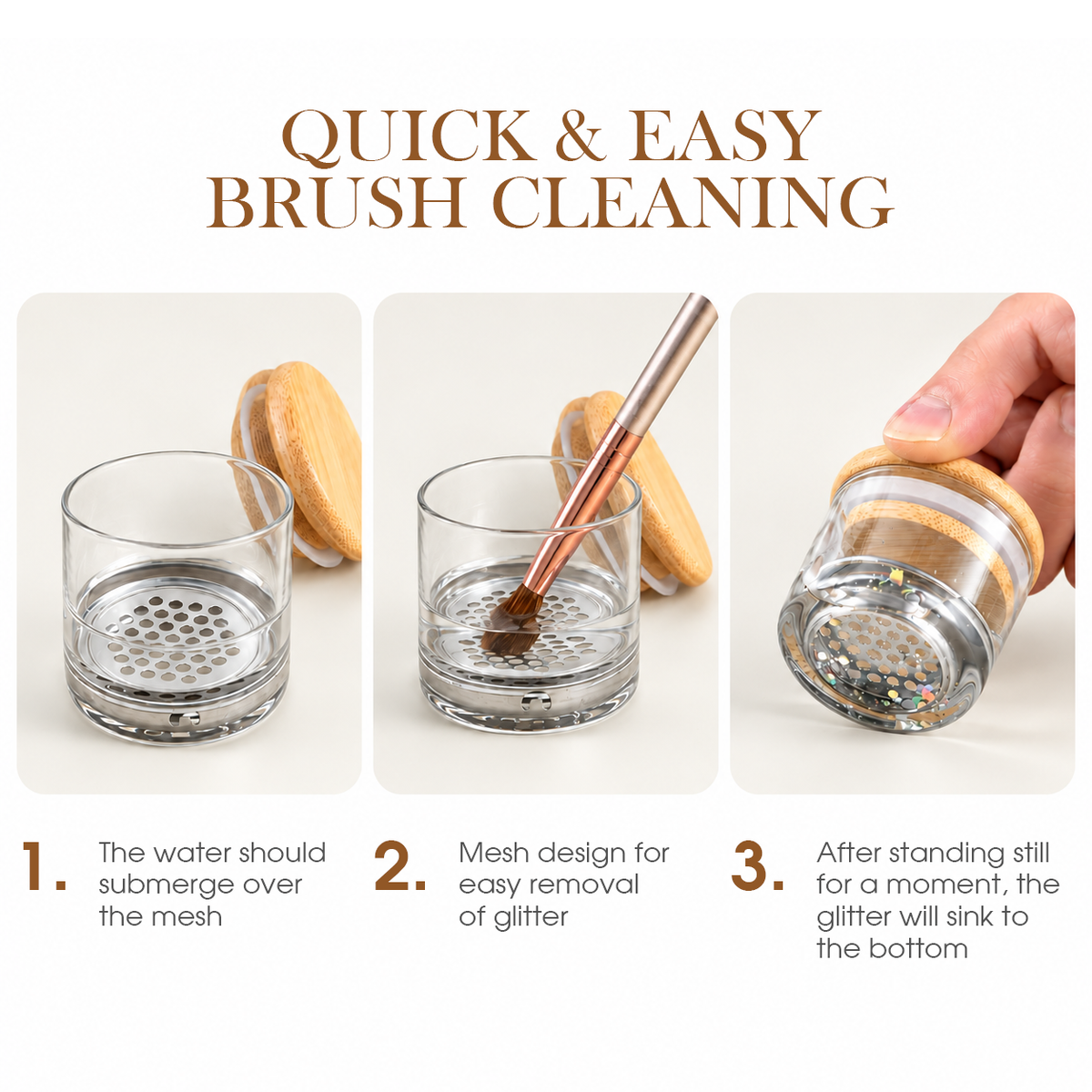 Nail Art Brush Washing Cup - Glass with Bamboo Lid and Steel Mesh - DTK Nail Supply