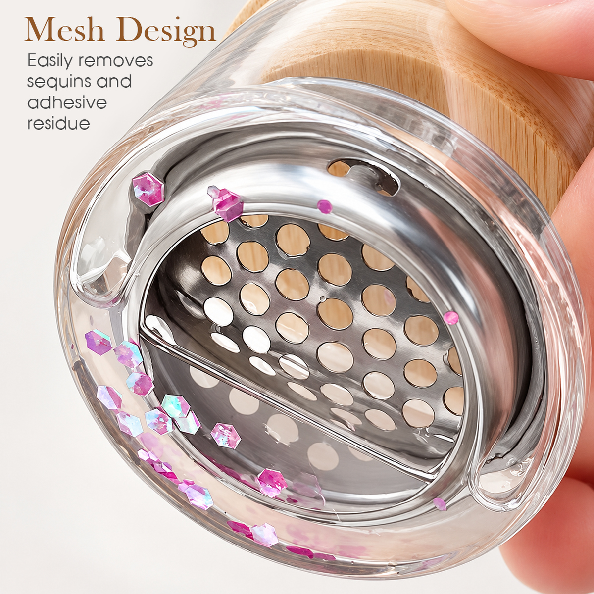 Nail Art Brush Washing Cup - Glass with Bamboo Lid and Steel Mesh - DTK Nail Supply