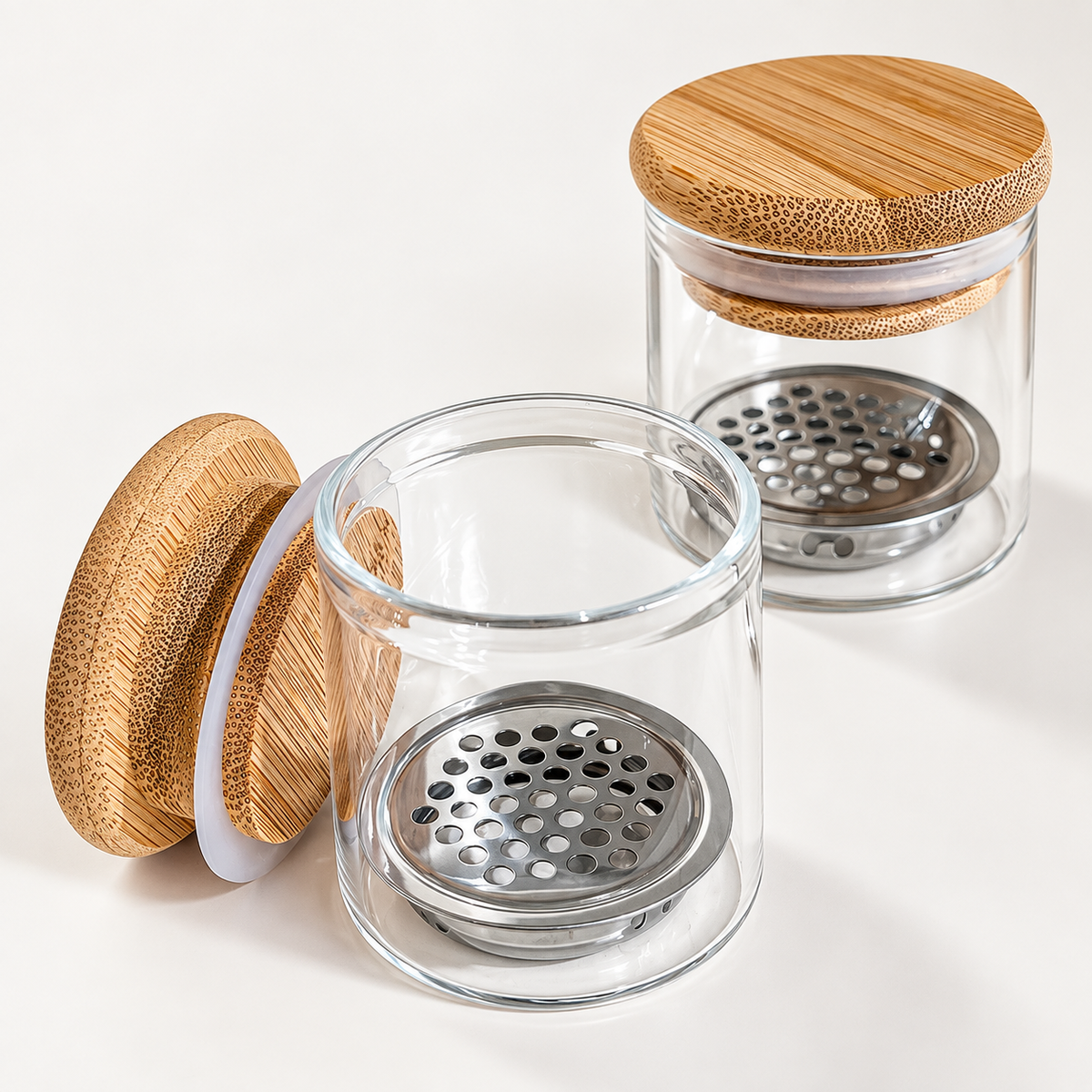 Nail Art Brush Washing Cup - Glass with Bamboo Lid and Steel Mesh - DTK Nail Supply