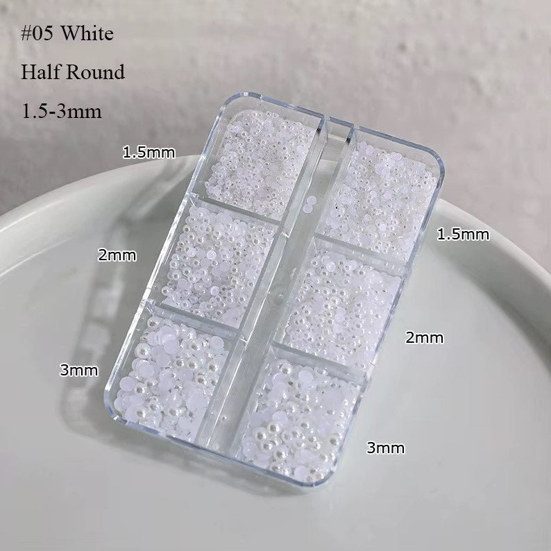 White Flat Back Mixed Half Round Resin Pearl Beads - DTK Nail Supply