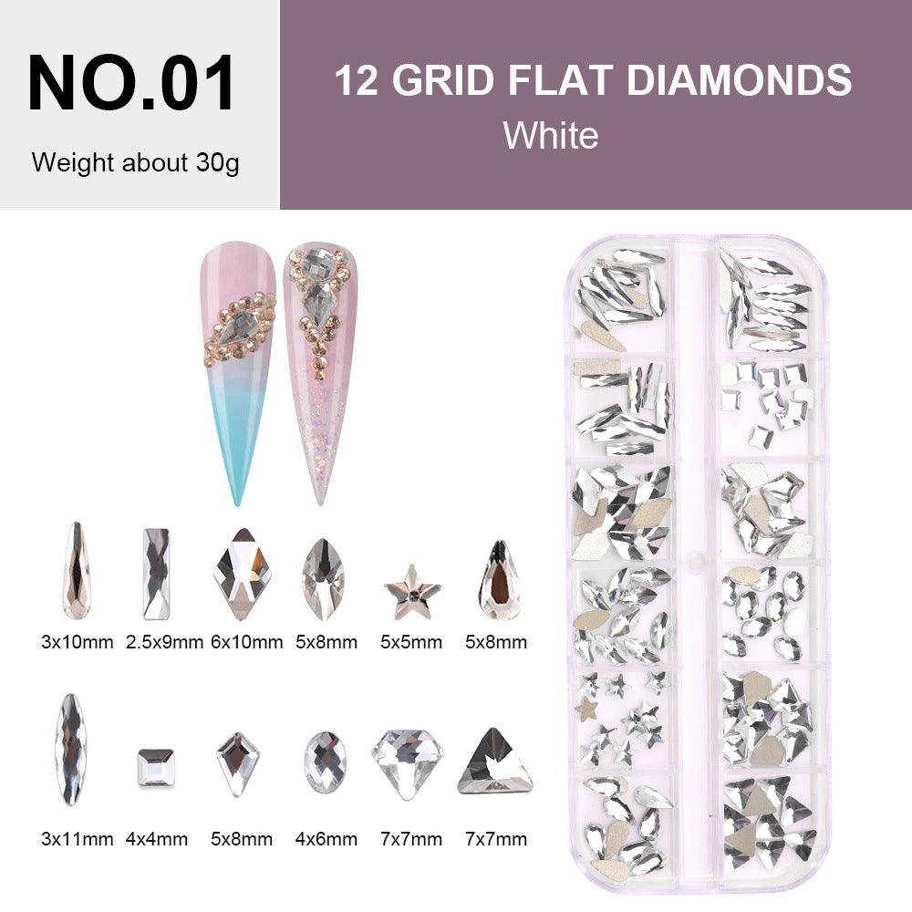 12 Grids Flat Diamonds Rhinestones 01 White - DTK Nail Supply