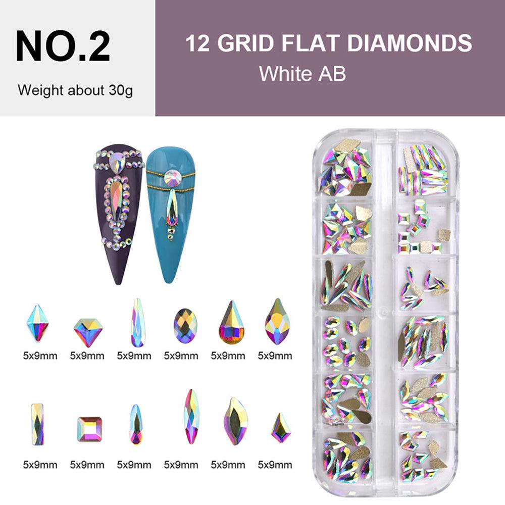 12 Grids Flat Diamonds Rhinestones 02 White AB - DTK Nail Supply