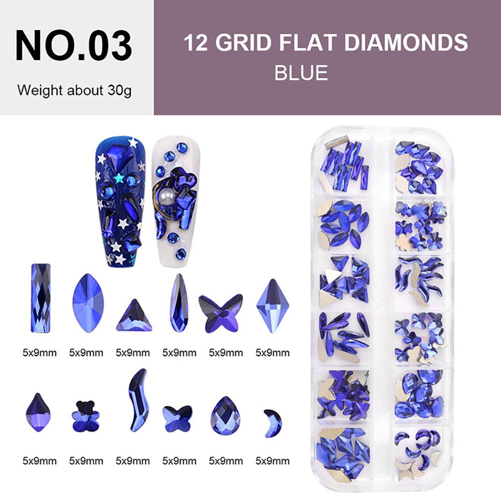 12 Grids Flat Diamonds Rhinestones 03 Blue - DTK Nail Supply