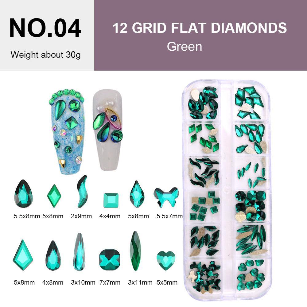 12 Grids Flat Diamonds Rhinestones 04 Green - DTK Nail Supply