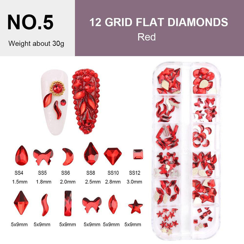 12 Grids Flat Diamonds Rhinestones 05 Red - DTK Nail Supply