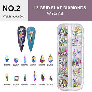  12 Grids Flat Diamonds Rhinestones #02 White AB by Rhinestones sold by DTK Nail Supply