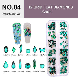  12 Grids Flat Diamonds Rhinestones #04 Green by Rhinestones sold by DTK Nail Supply