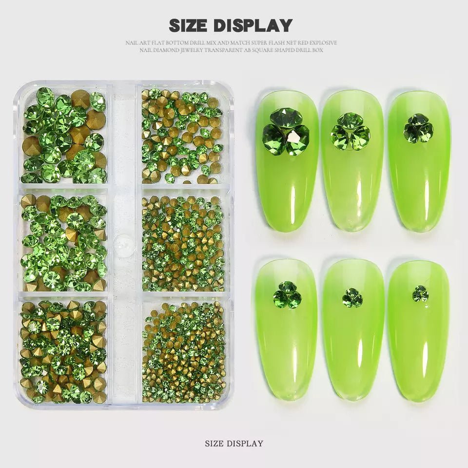 6 Grids Sharp Diamond Green Glass Rhinestones 07 - DTK Nail Supply