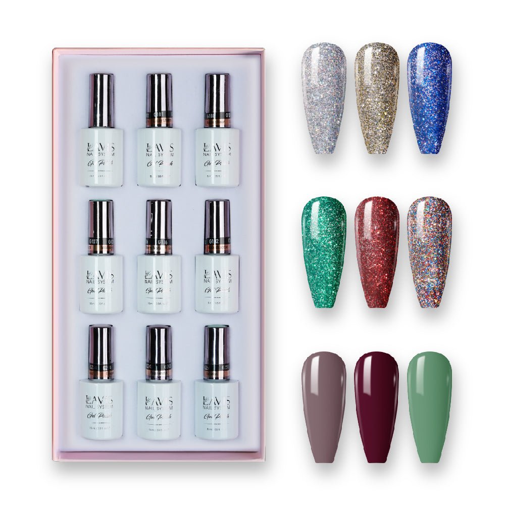 9 Lavis Holiday Gel Nail Polish Collection - TWINKLE THE GALAXY - 097; 101; 108; 107; 106; 102; 254; 243; 251 - DTK Nail Supply
