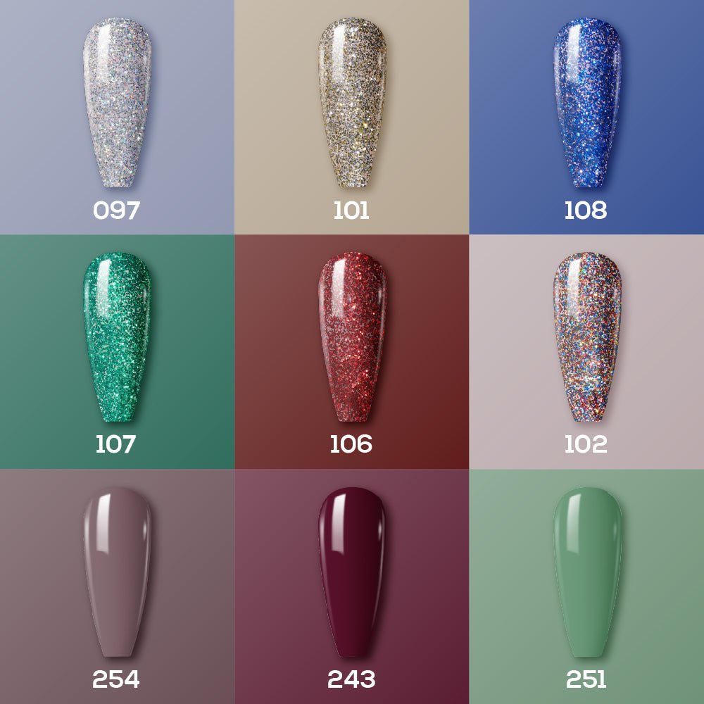 9 Lavis Holiday Gel Nail Polish Collection - TWINKLE THE GALAXY - 097; 101; 108; 107; 106; 102; 254; 243; 251 - DTK Nail Supply