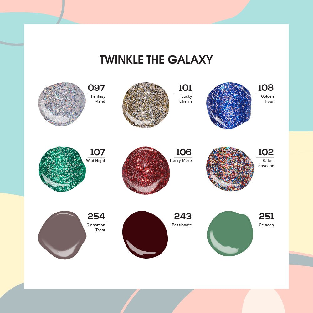 9 Lavis Holiday Gel Nail Polish Collection - TWINKLE THE GALAXY - 097; 101; 108; 107; 106; 102; 254; 243; 251 - DTK Nail Supply