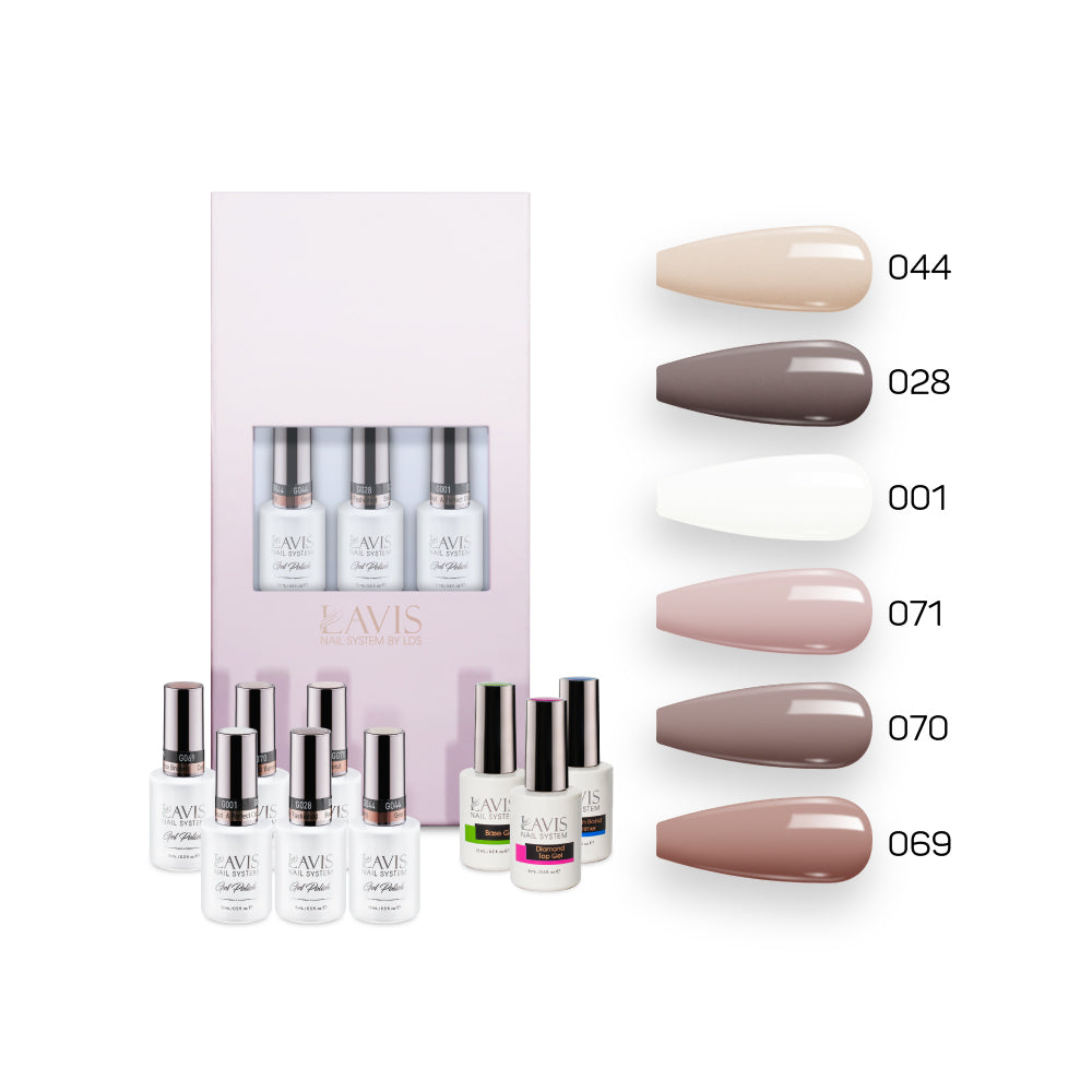  Lavis Nude Pastel 2022 Collection Gel Set 4: 6 Gel Polishes, 1 Base Gel, 1 Top Gel, 1 Protein Bond & Primer - 044; 028; 001; 071; 070; 069 by LAVIS NAILS sold by DTK Nail Supply