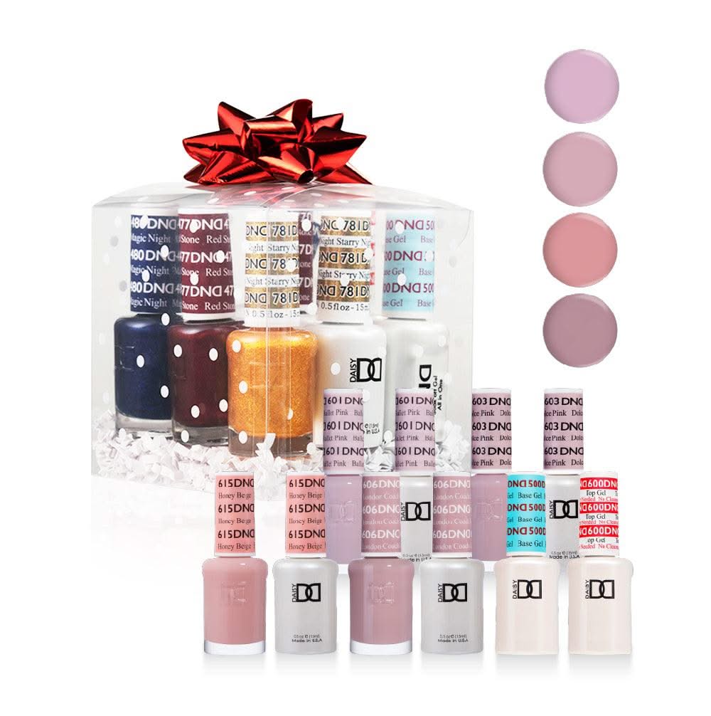 DND Holiday Gift Bundle: 4 Gel & Lacquer, 1 Base Gel, 1 Top Gel - 601, 603, 606, 615 - DTK Nail Supply