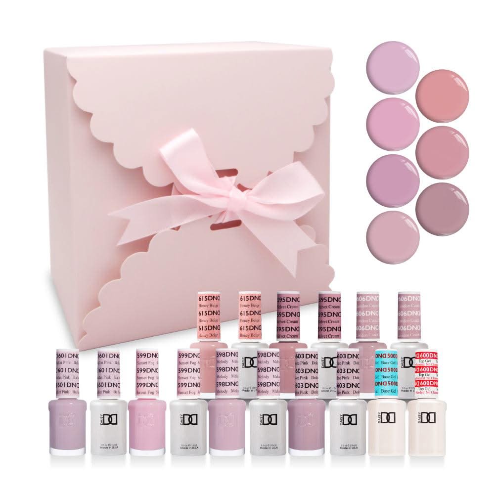 DND Holiday Gift Bundle: 7 Gel & Lacquer, 1 Base Gel, 1 Top Gel - 601, 599, 598, 603, 615, 595, 606 - DTK Nail Supply