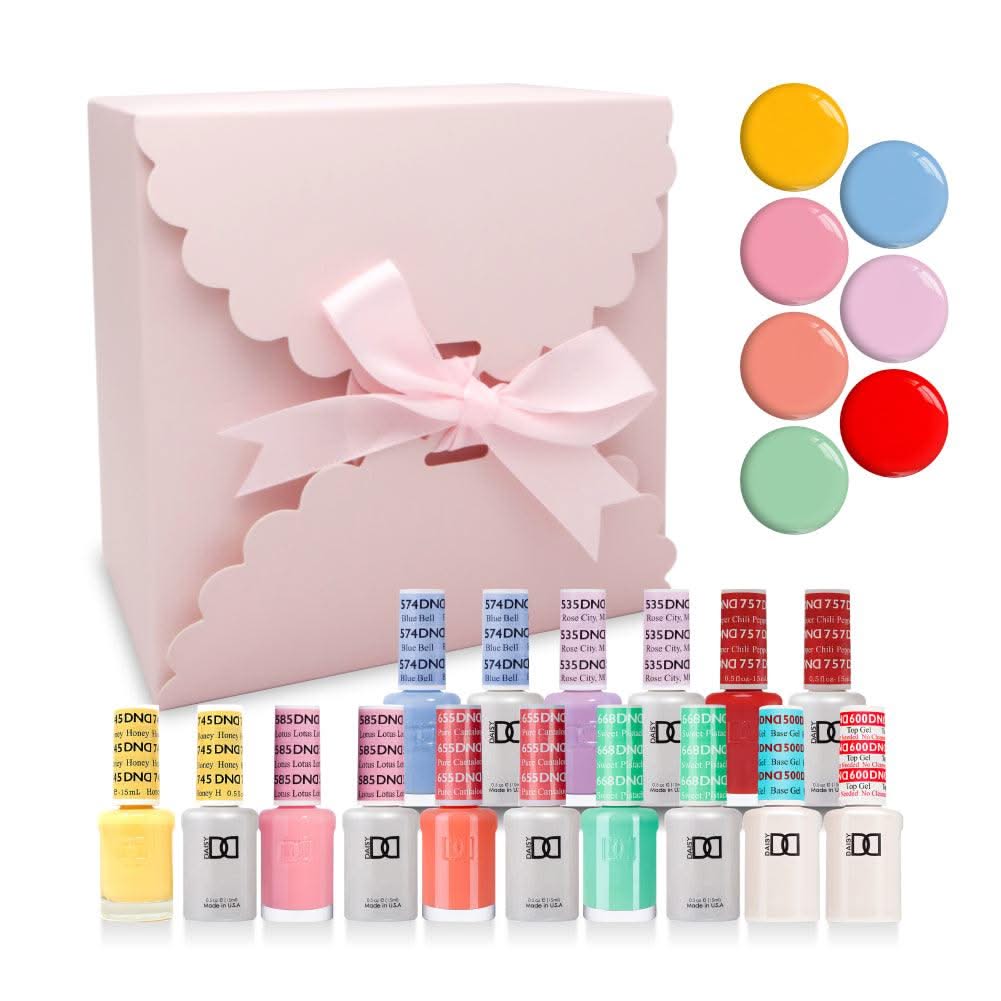 DND Holiday Gift Bundle: 7 Gel & Lacquer, 1 Base Gel, 1 Top Gel - 745, 585, 655, 668, 574, 535, 757 - DTK Nail Supply