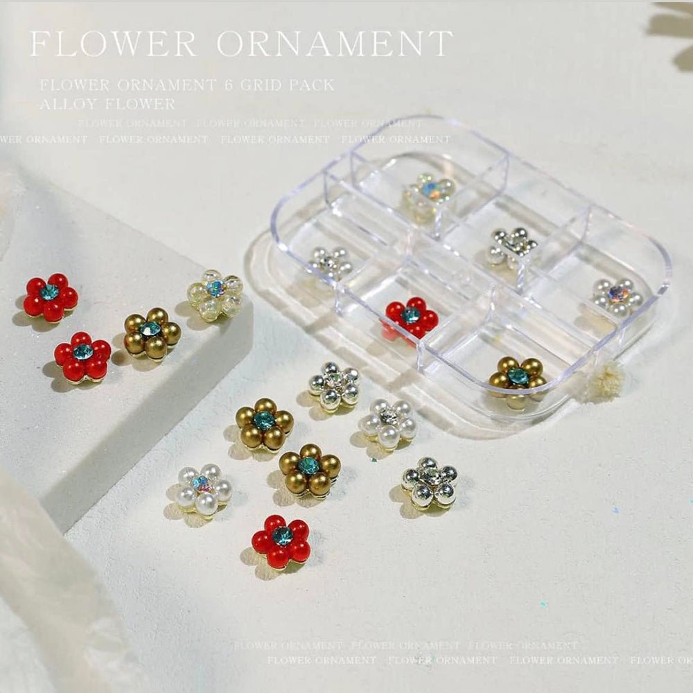 Flower Ornament 6 Grid Pack - Alloy Flowers - DTK Nail Supply